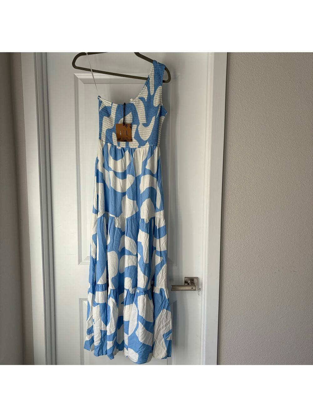 NWT Abel the Label Blue and White Tiered Smocked Bodice Midi Dress Tropical SZ S